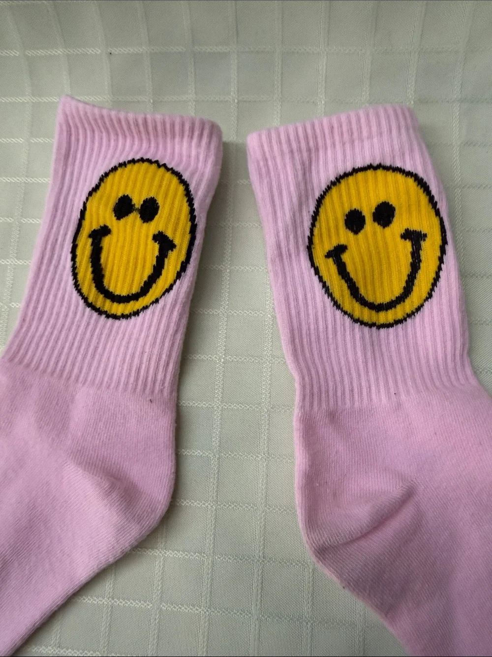 Light Pink Smiley Crew Socks - Happy Graphic